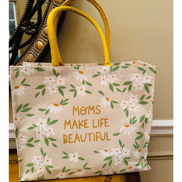 Large Tote "Moms Make Life Beautiful" Daisy Floral Canvas Bag - Picture 1 of 6